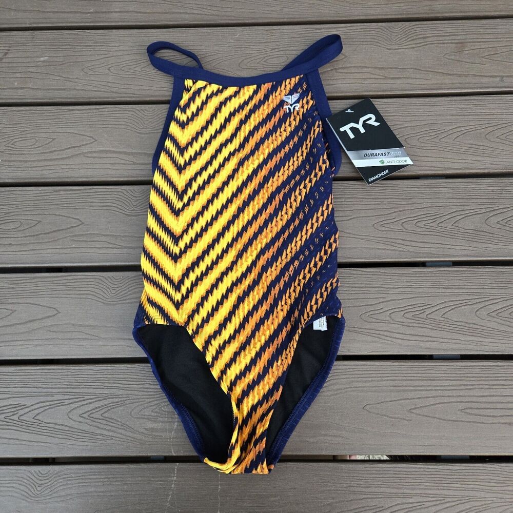 TYR Duralast Elite Echelon Gold/navy DiamondFit 1 Pc Swim Girls Youth  Sz 22 NEW